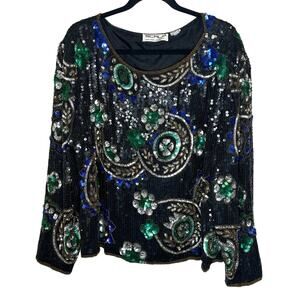 Scala VTG Black Green Gold Paisley Sequin Blouse Long Sleeve Party Holiday 3X